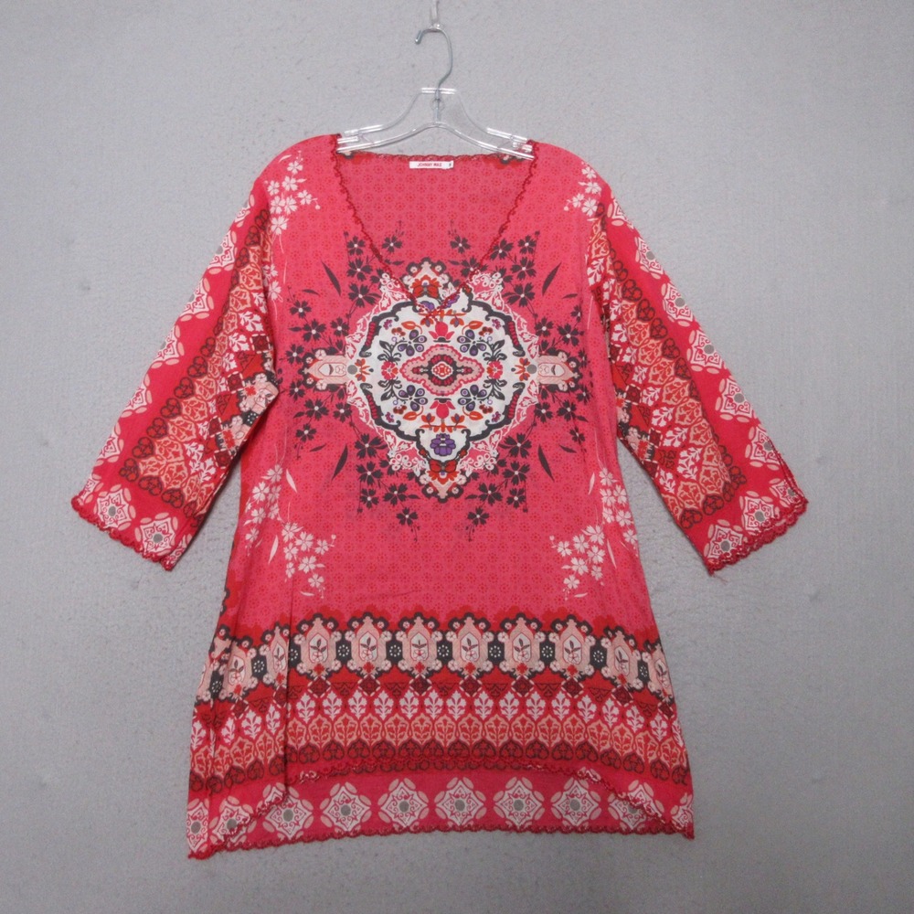 Johnny Was Tunic Top M Red Medallion Floral Boho Cottonโ Crochet Trim Eclectic